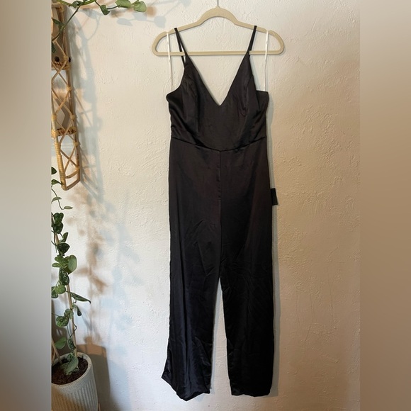 Lulu’s You're My Favorite Black Satin Slit Leg Jumpsuit - Picture 5 of 9